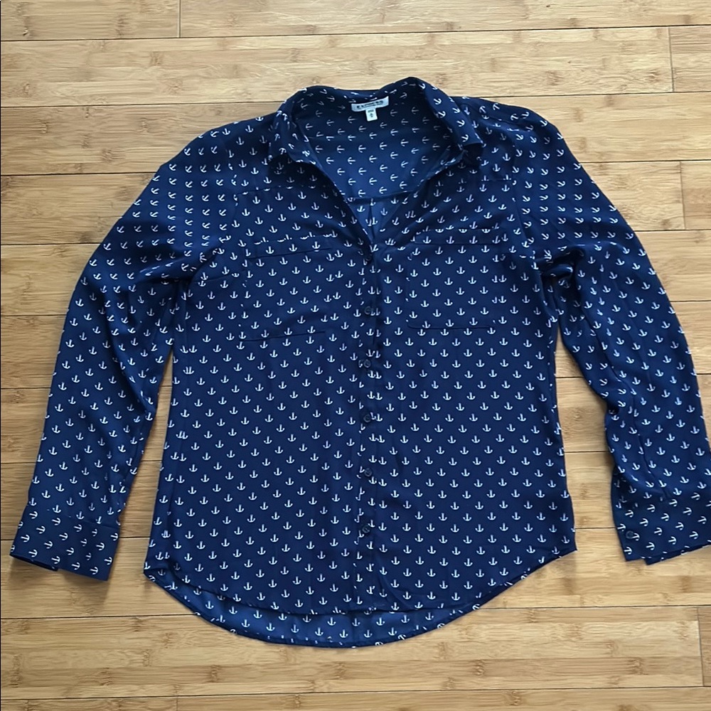 Express Portofino Navy Blue Anchor Print Button Down